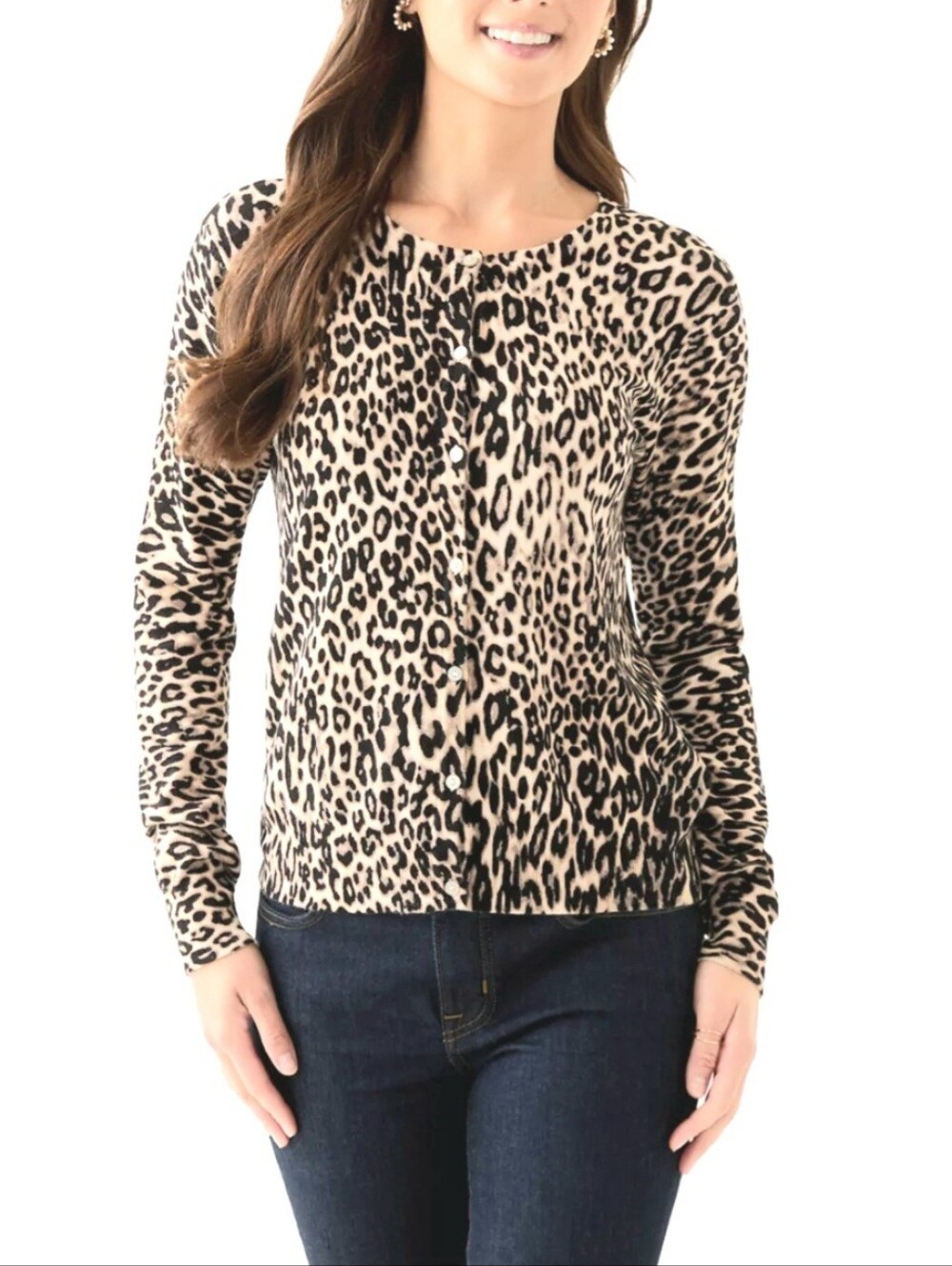Cable & Gauge Crewneck Leopard Cardigan in the "Leopard Skin" Colorway Size S